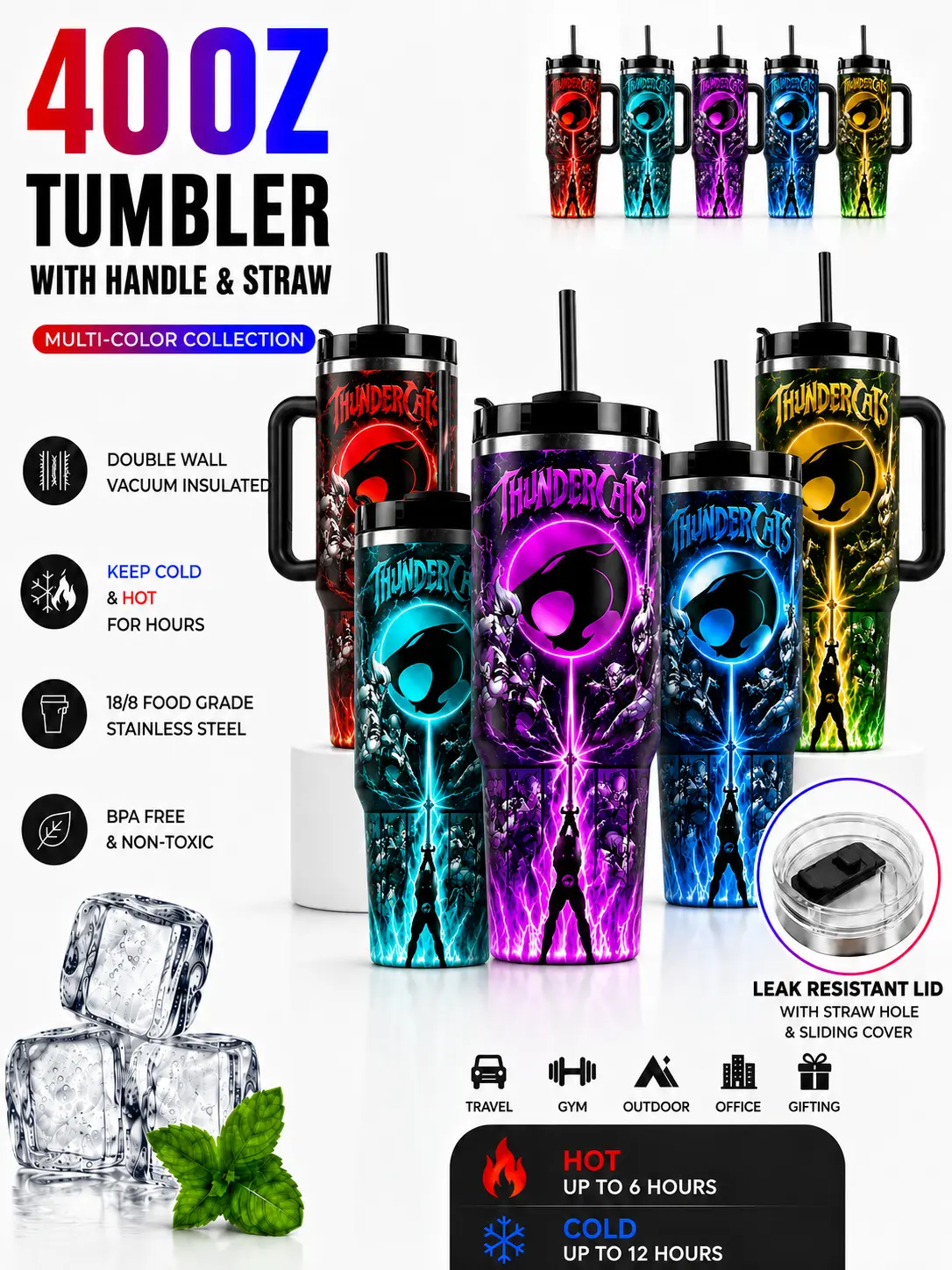 Neon Energy Graphic Insulated Stainless Steel Tumbler with Lid & Straw, Reusable Travel Cup, 20oz 30oz 40oz