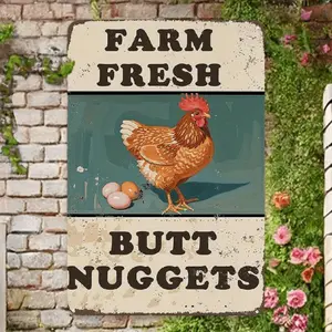 Farm Fresh Butt Nuggets" Vintage Metal Sign - 12x8 Inch Rustic Chicken Coop Wall Decor with Rooster & Chick Design, Durable Tinplate Plaque for Home, Kitchen, Bar, or Restaurant, Chicken Coop Accessories