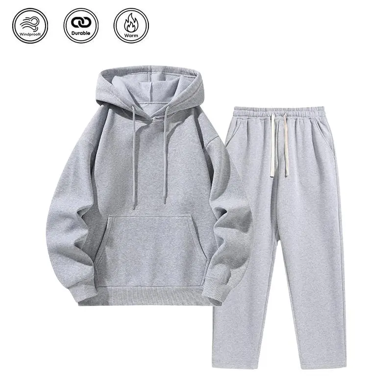 Men's Minimalist 2-Piece Menswear Set - Loose Plain Simple Gym Fleece Sports Top, Drawstring Trousers with Kangaroo Pockets & Metal Drawstring, Solid Color Casual Street Style, Autumn Winter Gift for Students