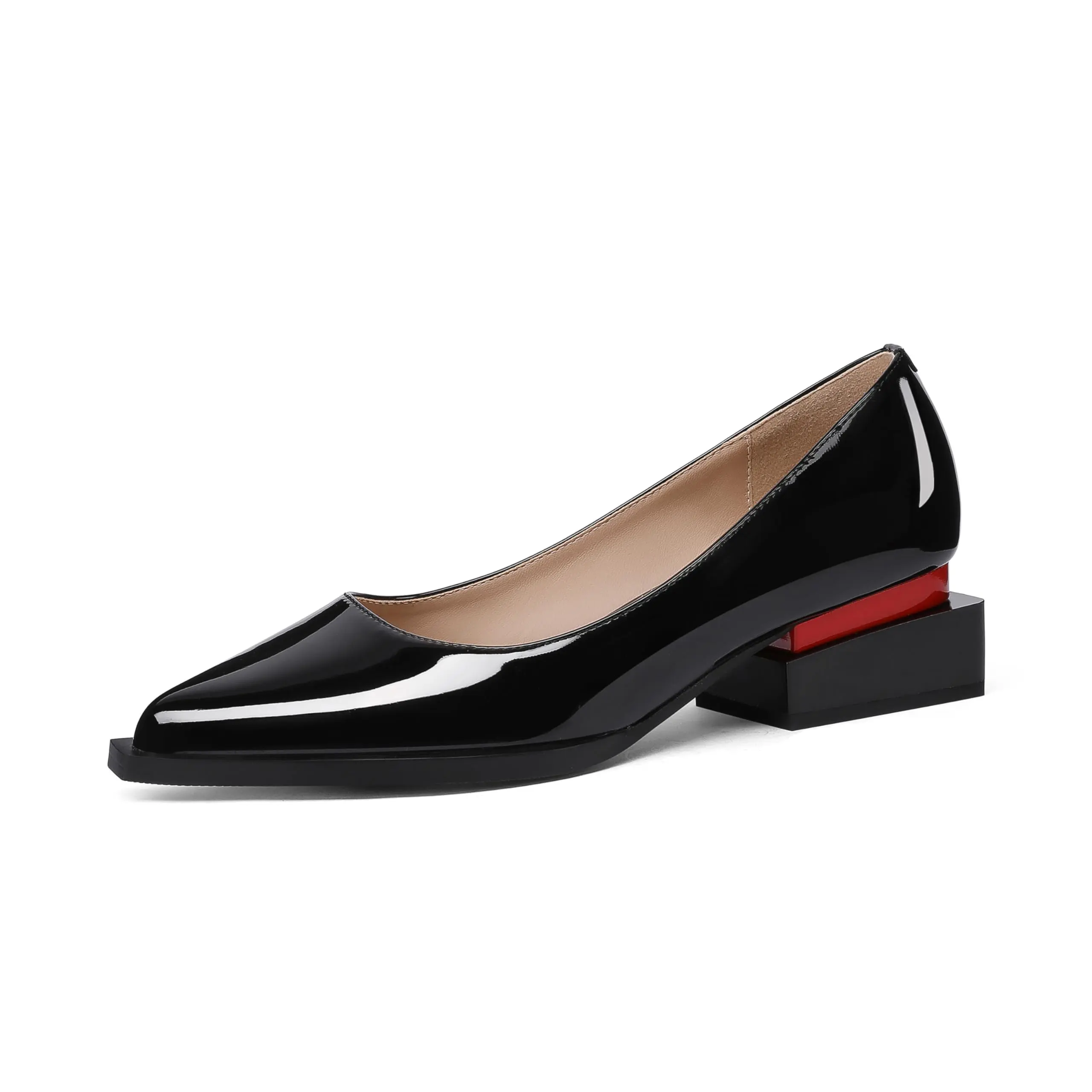 Women's Classy Stylish Fashion Heeled Oxfords - Glossy Patent Shine Leather Pointed Toe Flats with Red Detail Block Heel, Black Chic Dress Pumps, White Sole Platform, Versatile Footwear for Work & Special Occasions, Wardrobe, All Season, Party, Elegant, F
