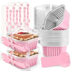 60 Pack Mini Cake Pans with Lids Mini Aluminum Pans, Disposable Loaf Containers Cupcake Liners with Lids for Pudding, Souffle, Party, Wedding