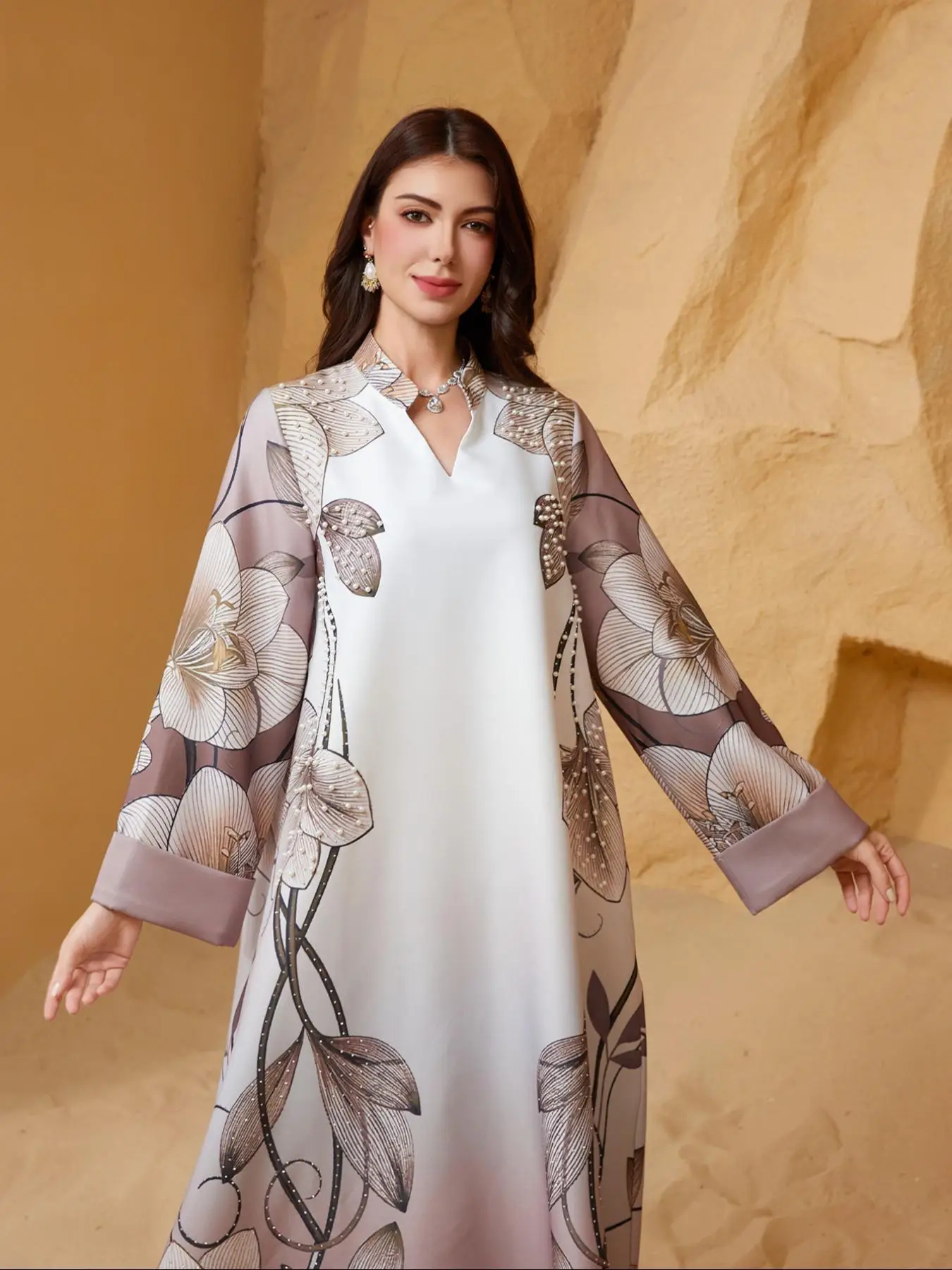 Women's Floral Pattern Long Dress, Elegant Modesty Long Sleeve Maxi Arabic Clothing, Ladies Islamic Clothing for Daily Wear
