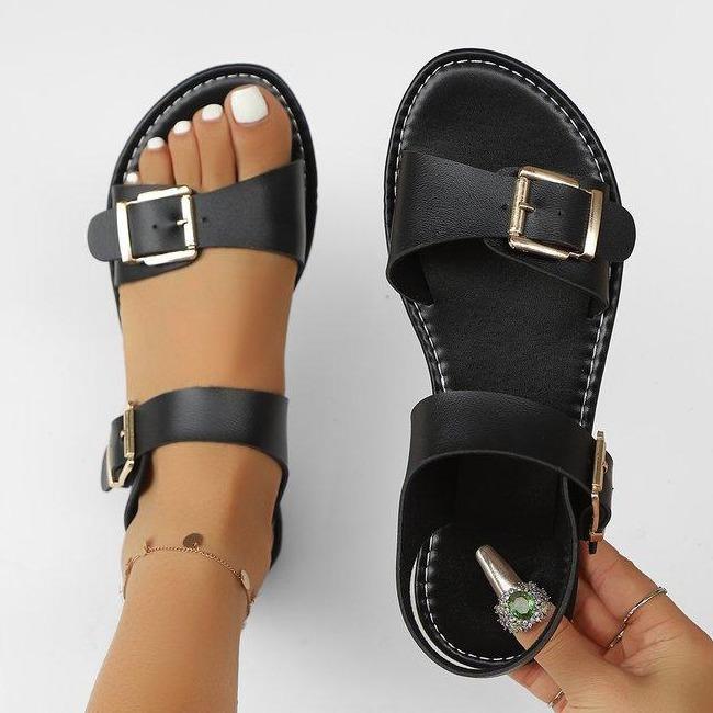 Women's Wide Width PU Leather Open Toe Flat Sandals - Adjustable Ankle Strap Buckle, Slip-On Slides, Rubber Sole Walking Shoes, Elegant Active Footwear for Summer Casual Beach Use,summerwins,summeroutfits,vacationoutfits,beachoutfits