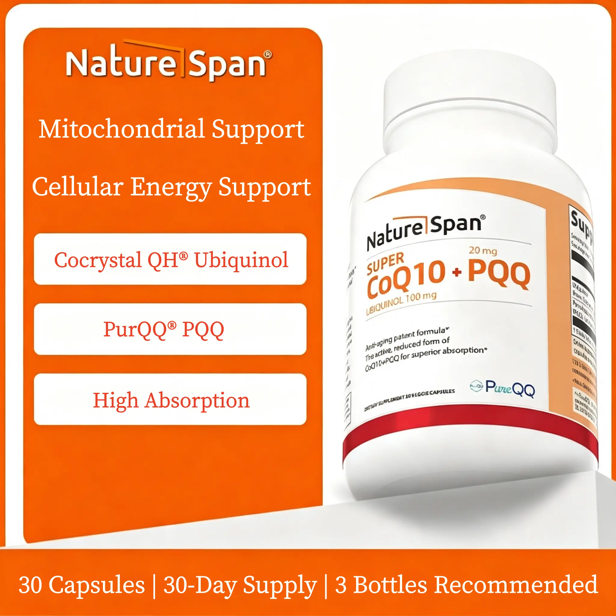 NATURESPAN Coenzyme Q10 + PQQ Mitochondria -Support Cellular Vitality, immune System Regulation, US Made, 30 Capsules