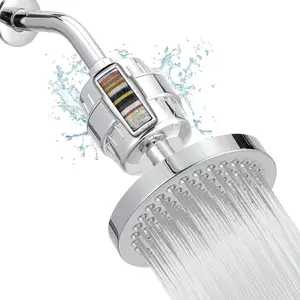 HOLENGS 1 set of high output rain shower head 6-inch round top shower and hard water filter, bathroom softened water shower room, 20-level shower filter to remove chlorine and harmful substances, bathroom accessories, 1 removable filter system.