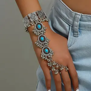Exquisite Turquoise Embellished Mitten Bracelet - Vintage Bollywood Style Jewelry for Women