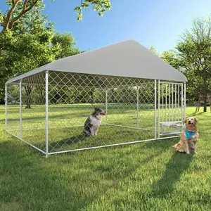 10'x10' Outdoor Dog Kennel - Roof Equipped, 2 Dog Bowls, Large Dog House Pen Enclosure with Secure Lock & Waterproof Sunproof Cover