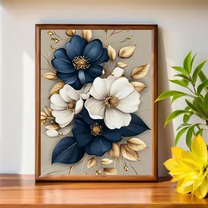1pc, 2D Flat Canvas Painting, Elegant White and Navy Blue Bouquet with Gold Leaves, Fun Creative Wall Decoration, Home Bedroom Kitchen Living Room Bathroom, Hotel Cafe Office Restroom Room Artwork Canvas Wall Art Poster