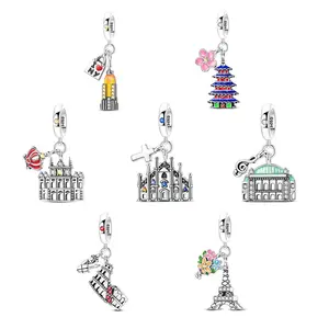MULA S925 Silver-Plated World Landmark Charm Collection with Zirconia and Enamel - Fits Pandora Bracelets and Necklaces - Travel Jewelry Gifts for Women and Girls