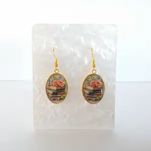 #274 Stack of Books with Pink & Blue Flowers Earrings, Casual Everyday Jewelry