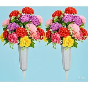 Artificial Floral Arrangement, Set of 2 Memorial Bouquets with Vase for Grave Decorations, Durable Cemetery Flowers for Headstones, Waterproof and UV-Resistant, Elegant Carnation Design for Outdoor Use