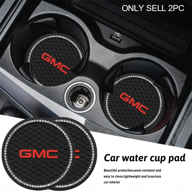 2Pcs Silicone Car Coaster Mat Water Cup Cushion Auto Anti Slip Easy Cleaning Pad Interior Decoration Accessories For GMC Terrain Sierra Canyon Yukon Acadia Savana Denali AT4 Granite Car Accessory
