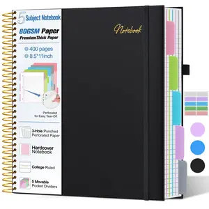 5 Subject Notebook College Ruled 80gsm Paper Thick Hardcover Spiral Lined Journal With Removable Dividers Tabs 400pages 8.5"x11" Large Notebooks For School Work 3-hole Punched  Black