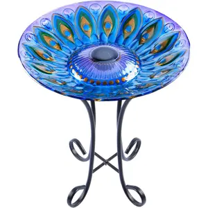 Outdoor Glass Birdbath Solar Birdbaths with Metal Stand for Lawn Yard Garden Peacock Decor,18" Dia 21.65 Height