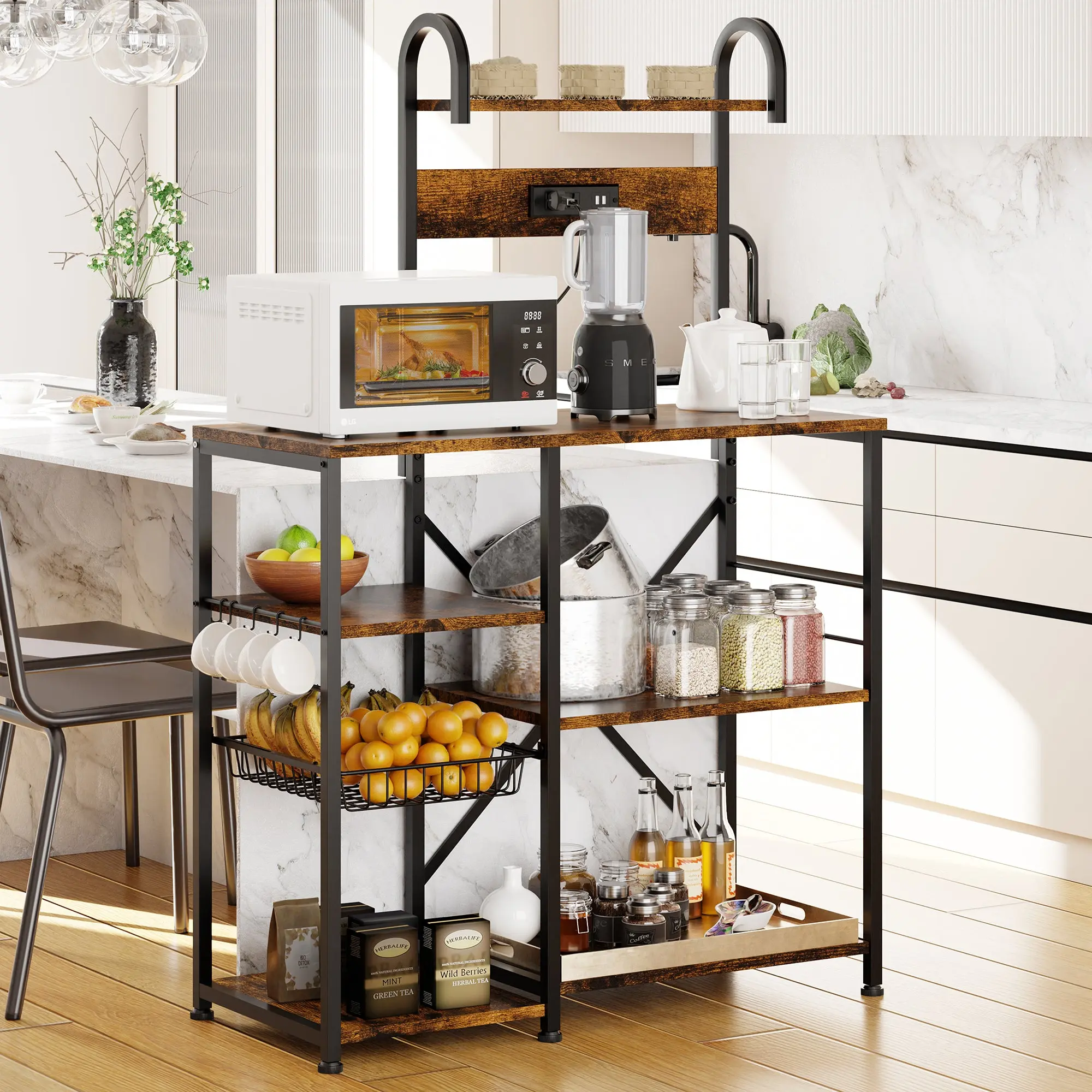58'' Kitchen Coffee Rack Standing Bakers Shelf with Power Outlet, Kitchen Organizers Plant Storage Rack with 6 Hooks, Coffee Station Cabinet, Steel-Retro, Grey