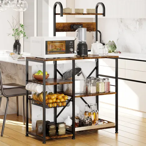 Walsunny 58'' Kitchen Coffee Rack Standing Bakers Shelf with Power Outlet, Kitchen Organizers Plant Storage Rack with 6 Hooks, Coffee Station Cabinet, Steel-Retro, Grey