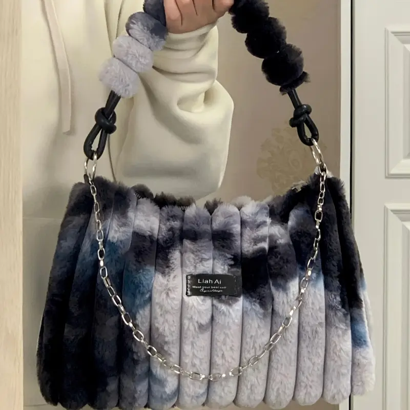 Women's Large Luxury Plush Faux Fur Handbag - Oversized Tote & Crossbody Bag with Detachable Strap, Zipper Closure, Soft Exterior & Lining, Golden-Tone Hardware, Black/Blue/Gray/White/Beige/ Brown/ - Stylish & Functional Everyday or Formal