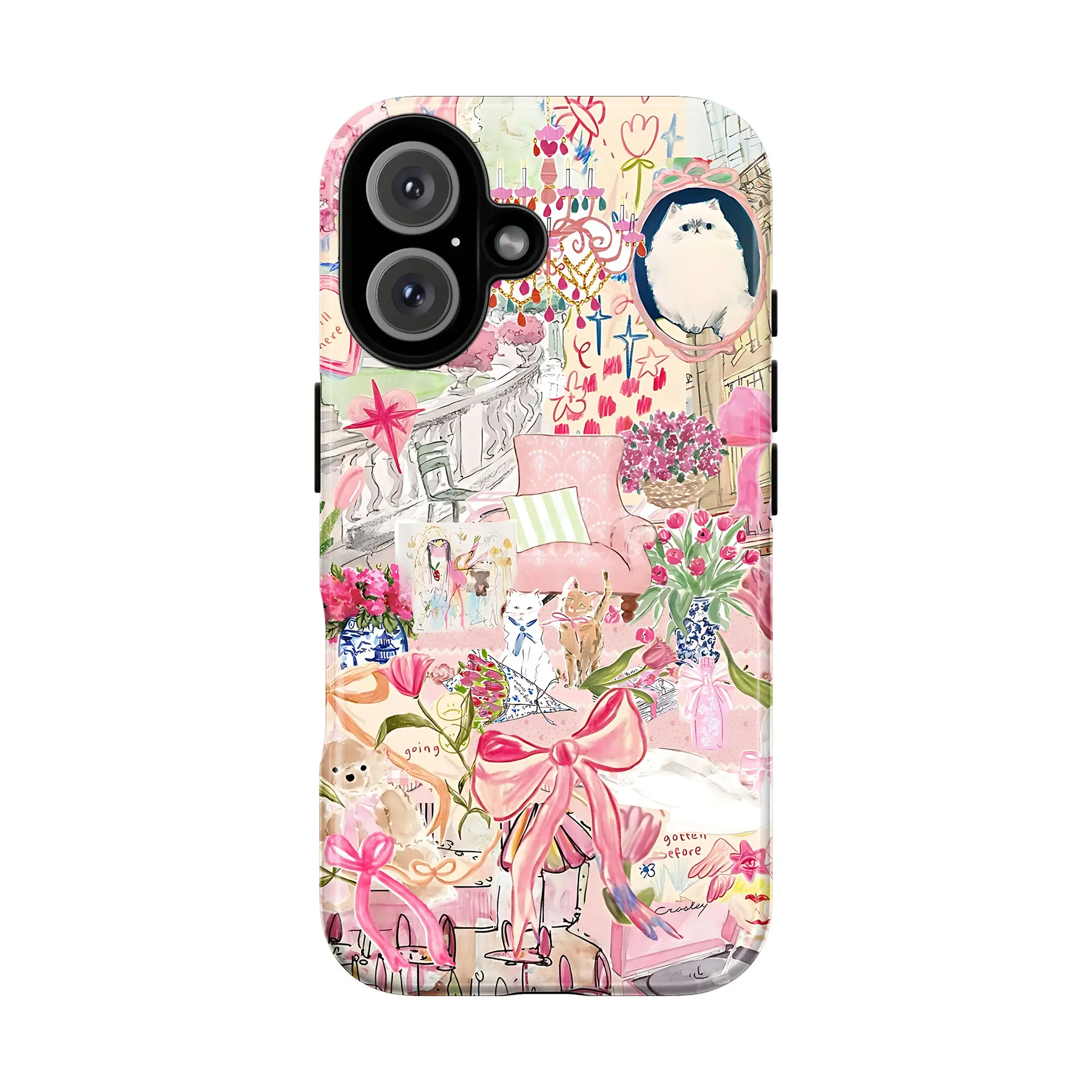 Pastel Floral Cottagecore Aesthetic Phone Case, Pink Maximalist Collage Aesthetic Girly Phone Case for iPhone 17 16 15 14 13 12 11 Pro Max XS & Samsung S25 S24 Ultra, Coquette Bow Cat Patchwork Quilt Tough Case, Waterproof, Cute Gift for Girl/Women/her