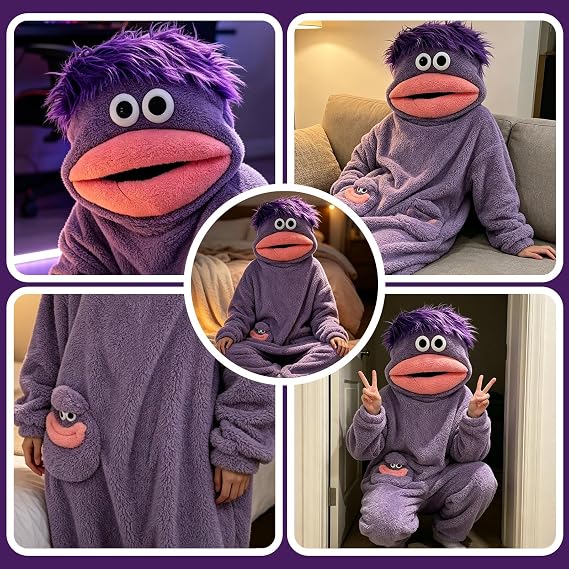 Funny Big Mouth Monster Onesie Pajamas with Large Comb – Oversized Plush Fleece Hooded One Piece for Sleep & Party