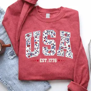 Floral USA Sweatshirt, American Girl Sweatshirt, USA Est 1776 Sweatshirt, Girly 4th of July Sweatshirt, Patriotic Women Shirt, Flower USA Sweatshirt