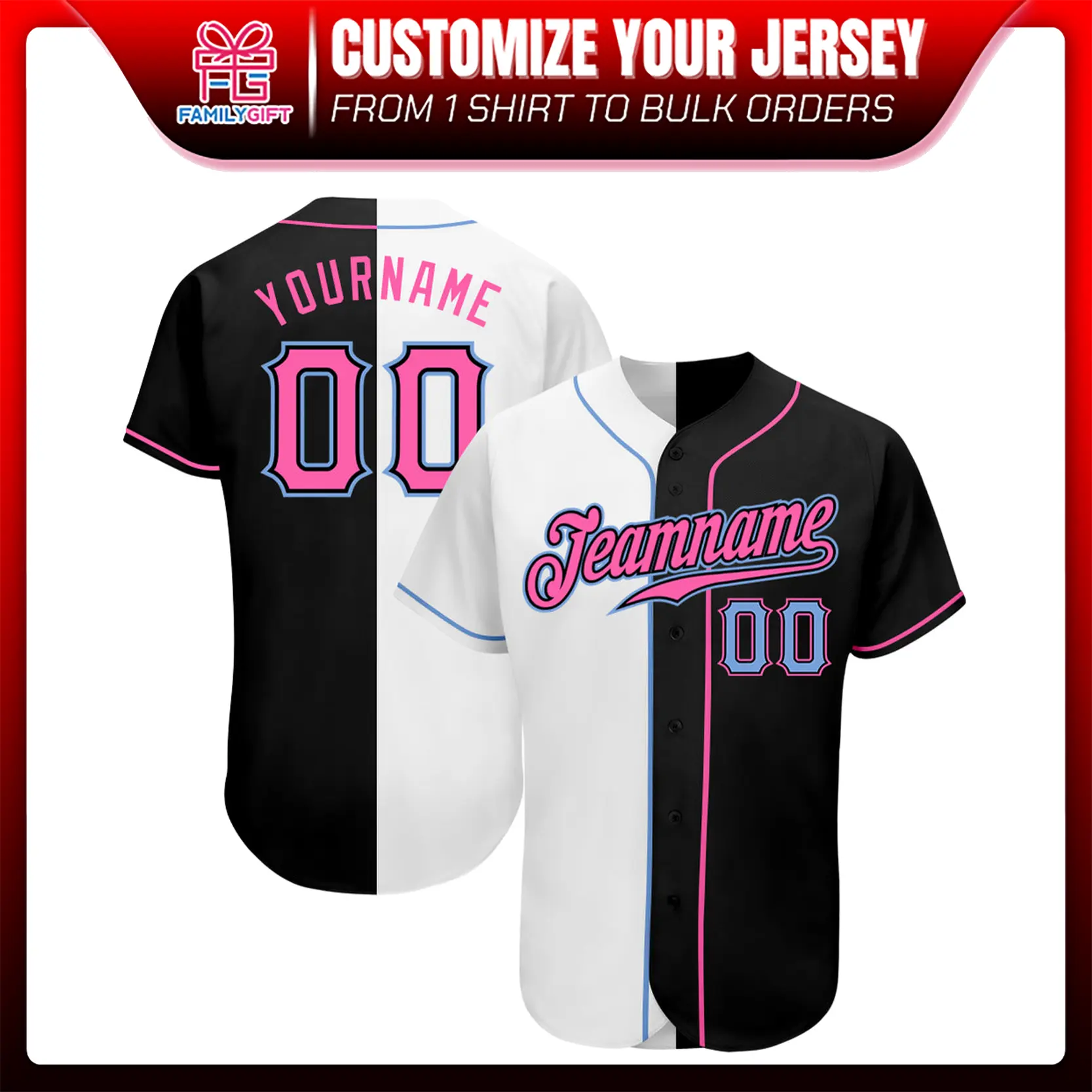 Personalized Black Pink-White Split Fashion Baseball Jersey, Bold Sporty All-Over Print Team Wear for Game Day Casual Outfits, Color Design, Unisex Baseball Jersey