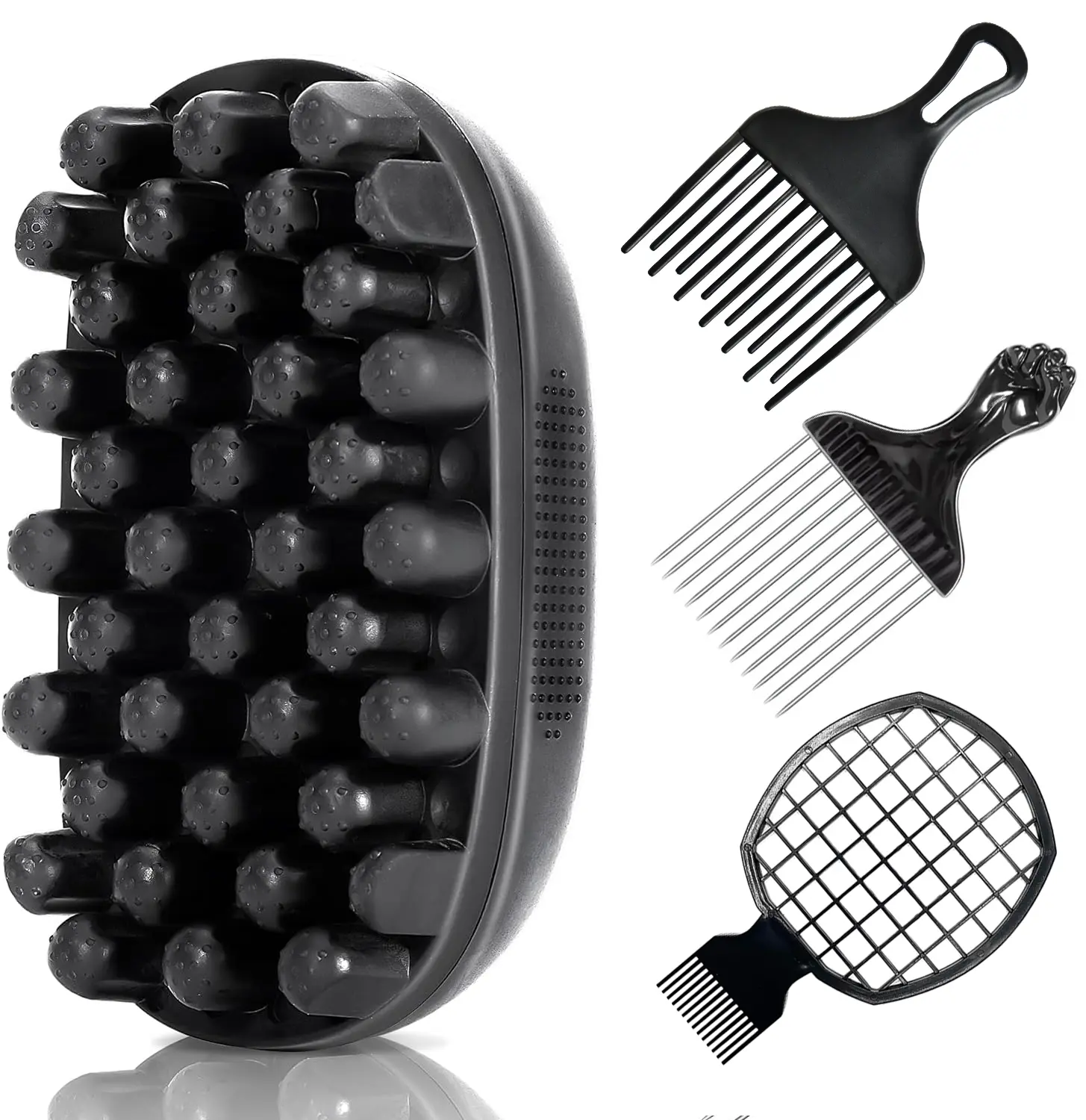 Upgraded Silicone Freeform Twists Set, 4-in-1 Grooming Kit for Black Men with Metal Fist Pick & Hair Edge Brush, Afro Hair Styling Tools