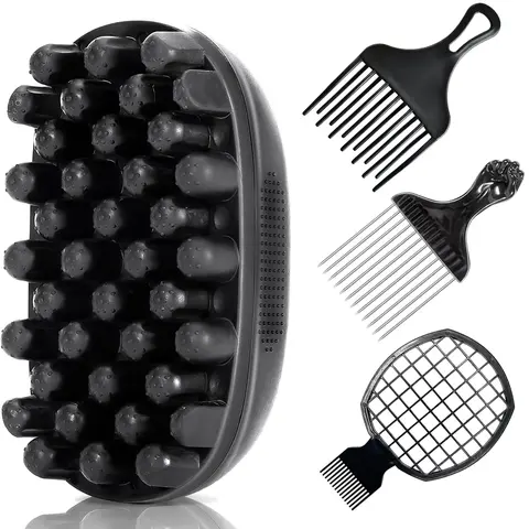 Upgraded Silicone Freeform Twists Set, 4-in-1 Grooming Kit for Black Men with Metal Fist Pick & Hair Edge Brush, Afro Hair Styling Tools