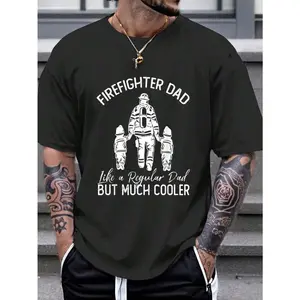 100% Cotton Firefighter Dad Father Of 2 Hero Husband Firemen Fathers Day T-Shirt Women's Men's Graphic Tee Black Crew Neck T-Shirt Short Sleeve Summer Tee Tops