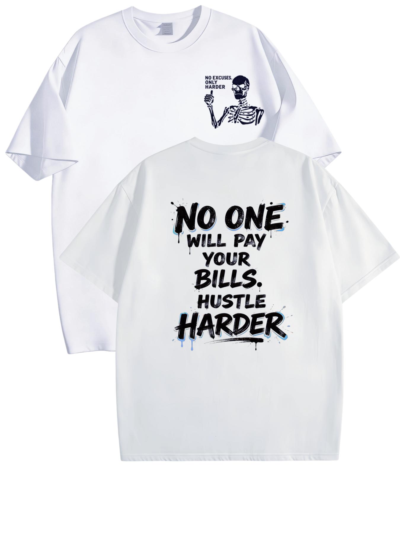 Thumbs-Up Defiant Skeleton No Excuses T-Shirt | Graffiti Drip Paint "Hustle Harder" Motivational Quote Tee, Unisex for Men Women, 180g Pure Cotton All Season Breathable Casual Top, No Crack White Ink Heat Transfer Gym Entrepreneur Grind Wear