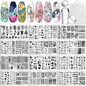 Biutee Nail Art Stamping Plate Set Nail Stamping Kit with Silicone Nail Stamper Christmas Flower Leaves Animal Lace Girl Star Holiday Design Nail Stamp Plate Nail Stamper Kit Nail Stamp Template