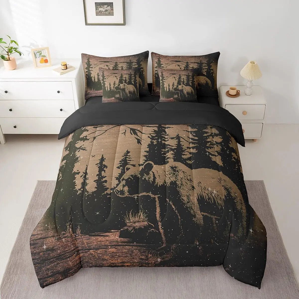 Hunting Bear 7 Pieces Bedding Set,Bear Bed in A Bag, Wild Bear Comforter Set with Sheets,Bear Bed Set,7Pcs