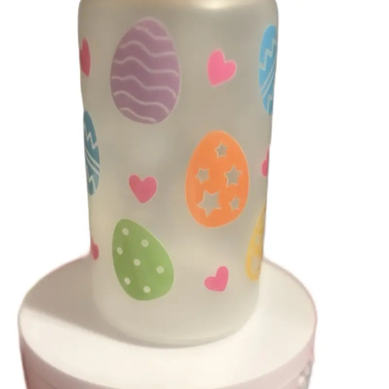 Glass Cup 16oz Easter Drinkware with Colorful Design and Heart and Star Patterns