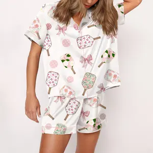 Coquette Pickleball Satin Pajama Set For Women Print Comfy Satin Sleepwear & Loungewear Pjs Printing Silky Top & Bottoms - SHESHOW