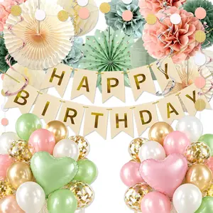 64Pcs Birthday Party Decorations Happy Birthday Banner, Paper Lanterns, Streamers, Tissue Pom Poms, Party Balloons, Rustic Backdrop Decor (Sage-Green Blush-Pink) Vorplick