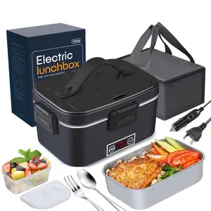 Electric Lunch Box for Adults , Heated Portable Food Warmer (12V/24V/110V) ,Car/Truck/Office Use ,Removable 304 Stainless Steel Container , Includes Fork, Spoon & Carry Bag