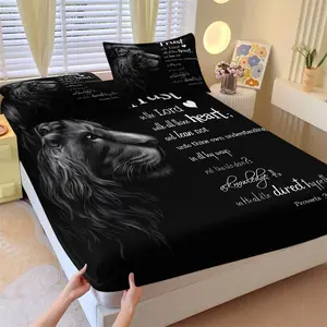 3Pcs Black Lion Inspirational Quote Fitted Sheet Set, Christian Motivational Print Bedding with Pillowcases, Deep Pocket, No Fillers, Soft All-Season Bed Sheets for Teens & Men Bedroom Decor