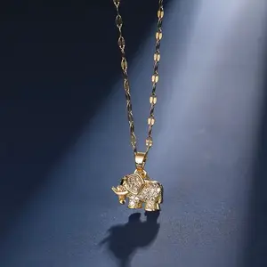 Elegant Elephant Pendant Necklace – Gold-Tone Copper Necklace with Sparkling Cubic Zirconia for Women