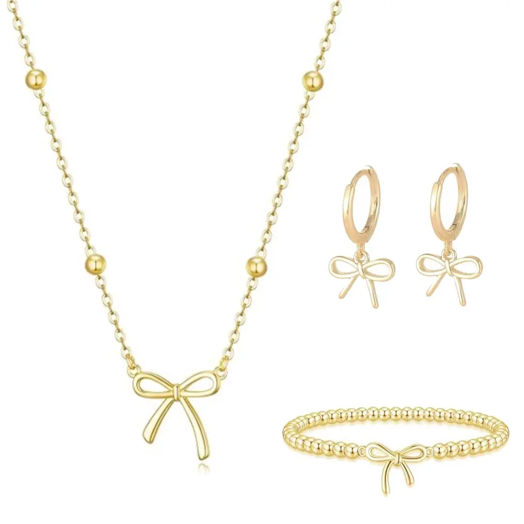 Necklace Bracelets Earrings Jewelry Set for Women Dainty Bow Necklace Gold Cute Choker Small Pendant Charm Necklaces Teen Gift Trendy Stuff Personalized Jewelry Gifts summerwins