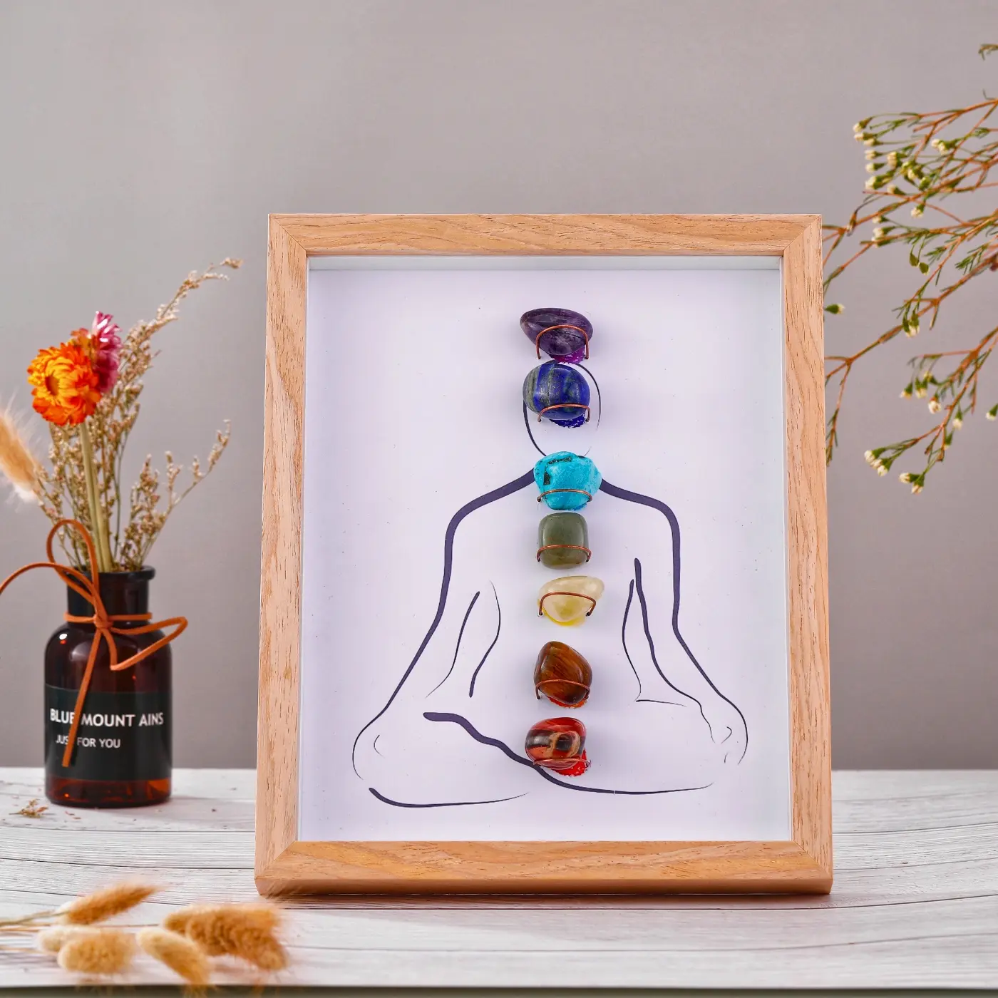 [Magic Crystal] Picture Frame with Crystal Stone, Deals for You Days, Turquoise, Sun Stone, Tiger's Eye, 7 Chakra Crystal Stone, Photo Frame, Reiki Gift, Yoga, Energy, Decoration, Wooden Wood, Halloween，Valentine's Day