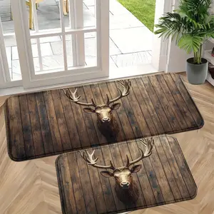 1pc/2pcs Deer Head & Antlers Door Mat - Rustic Wooden Floor Design, Perfect for Entryways, Kitchens, Bathrooms, Patios & Balconies, Machine Washable, Lightweight Polyester