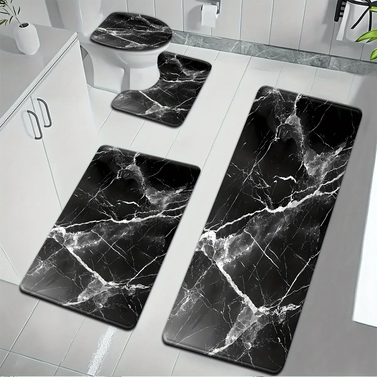 4pcs Black Base with White Crack Pattern Flannel Bathroom Mat Set - Includes U-Shaped Footmat, Toilet Seat Cover and Carpet for Bathroom Decor