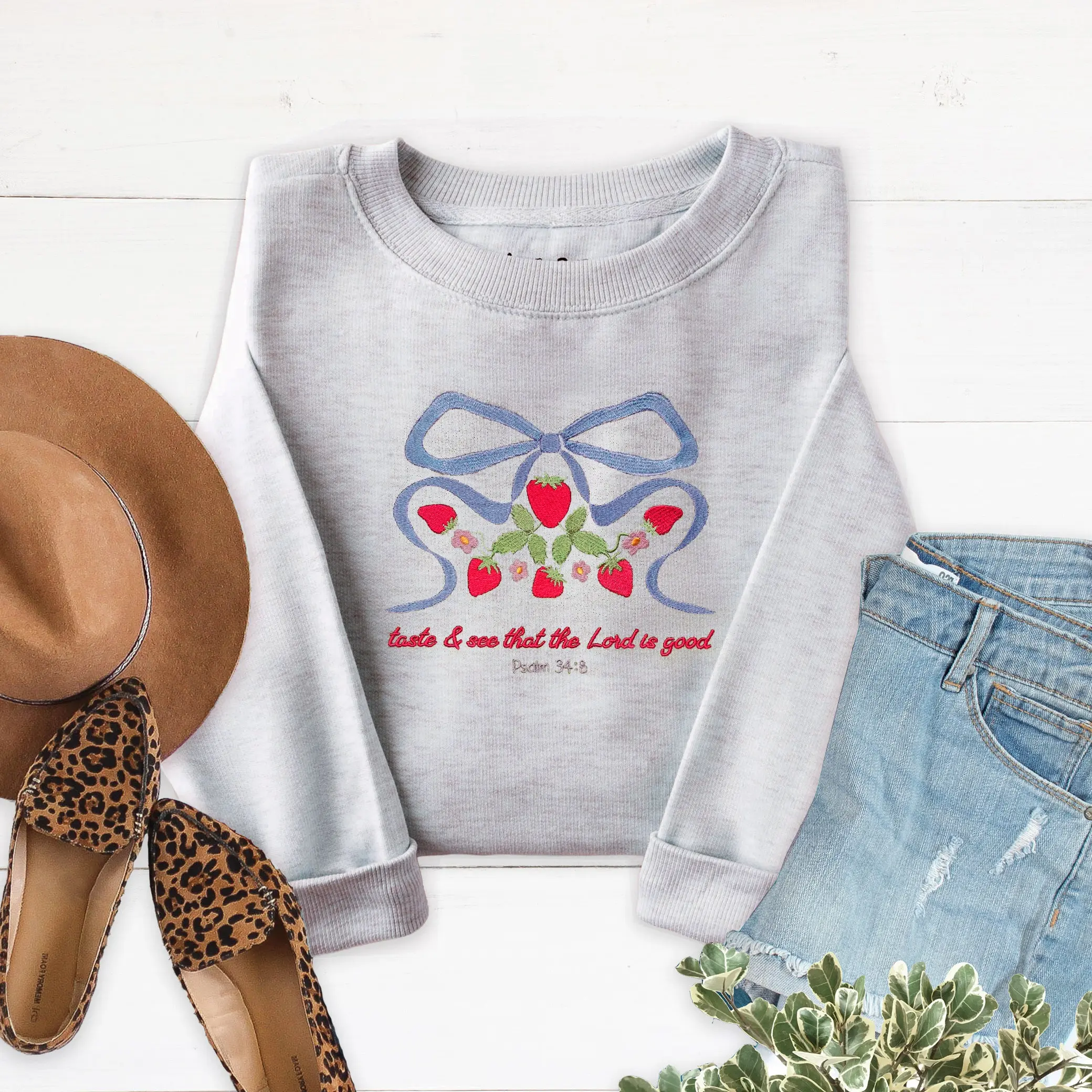 Taste & See Bow Embroidered Crewneck Sweatshirt - Heather Prism Ice Blue