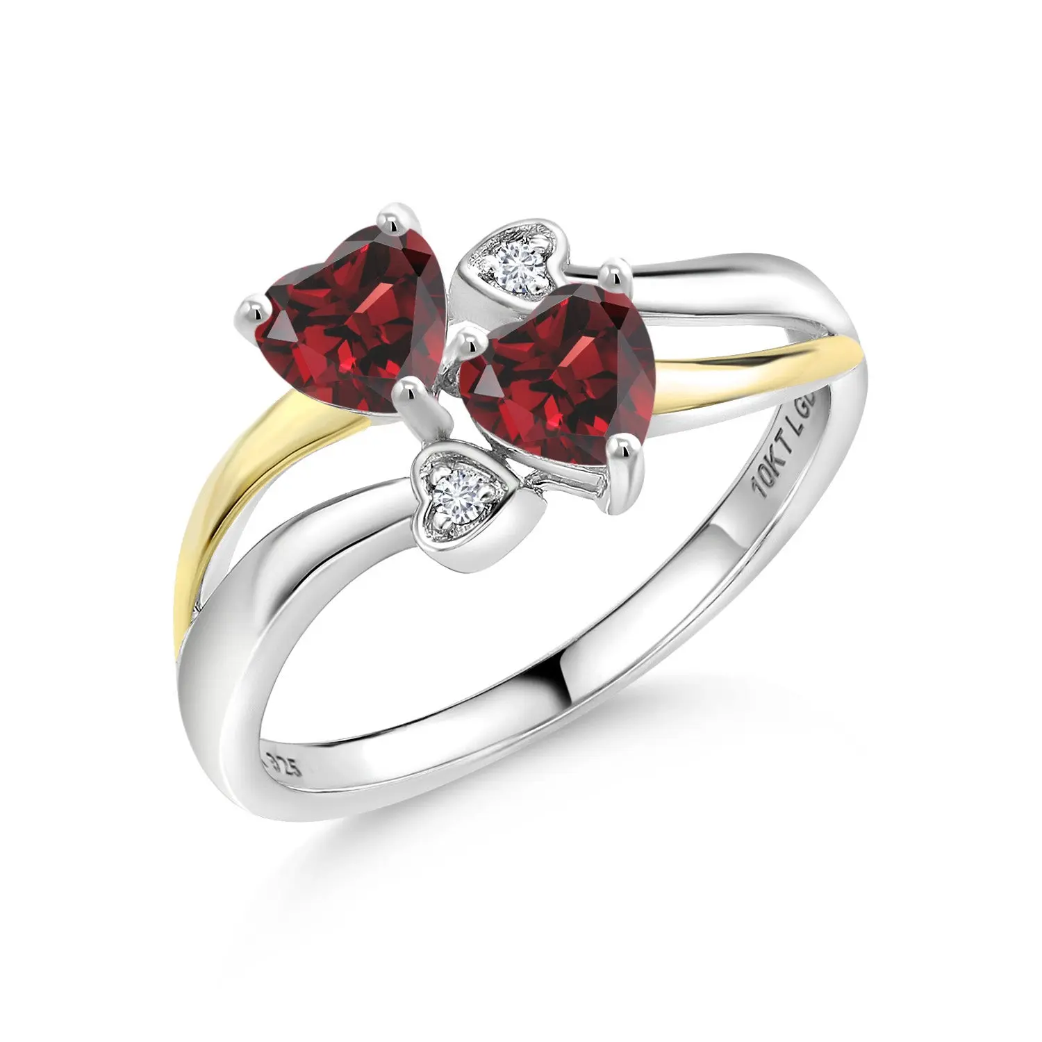 Red Garnet and White Lab Grown Diamond Double Heart Ring For Women | 925 Silver and 10K Yellow Gold | 1.22 Cttw | January Birthstone | Heart Shape 5MM | Available In Size 5, 6, 7, 8, 9