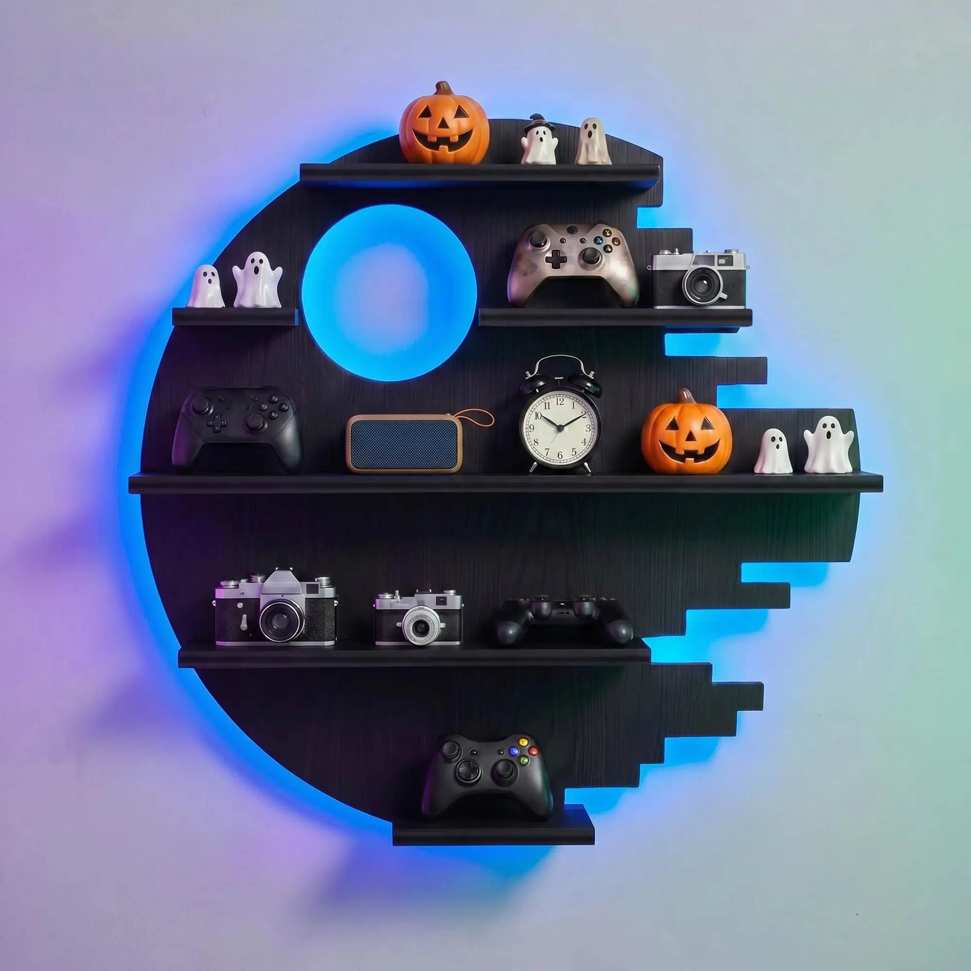 FNYDOX Wooden Moon Shelf with LED Lights, Crystal Wall Shelf for Rock Gem Stone Display Witchy Trinkets Holder Boho Wall Decor Floating Shelves for Nail Polish & Essential Oil