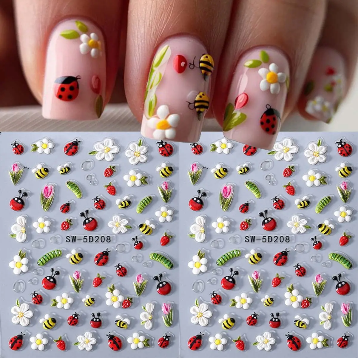 2pcs Cute Ladybug Flower Nail Art Sheet Stickers, 3D Bee Tulip Spring Summer DIY Self-Adhesive Nail Decals, Manicure Decoration Supplies, Nail Art Designs