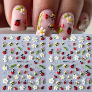 2pcs Cute Ladybug Flower Nail Art Stickers, 3D Bee Tulip Spring Summer DIY Self-Adhesive Nail Decals, Manicure Decoration Supplies