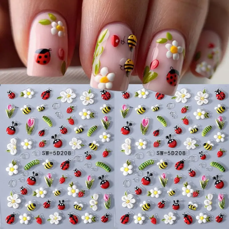 2pcs Cute Ladybug Flower Nail Art Sheet Stickers, 3D Bee Tulip Spring Summer DIY Self-Adhesive Nail Decals, Manicure Decoration Supplies, Nail Art Designs, Nail Art Products
