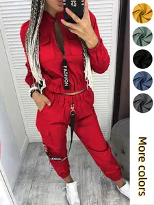 Red Cargo 2-Piece Set: Zip-Up Crop Top & Joggers