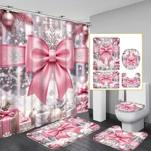 1PC/4PCS 2D Flat Winter Joy Pink Bow Snowflake Gifts Patterned shower curtain, home bathroom decor, Bathroom Decoration Accessories, shower curtain set with 12 hooks, non-slip bathroom rug, U-shaped toilet seat cover, toilet seat mat.