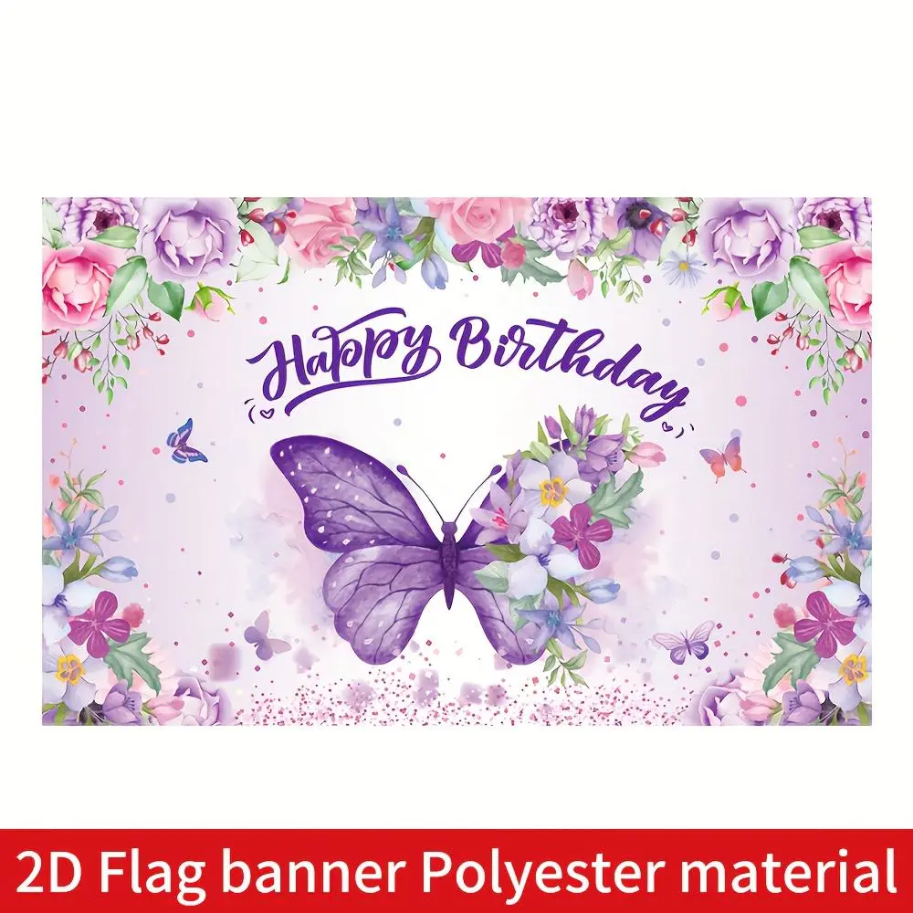 Reusable Polyester Decorative Banner - 70.8"x43.3" Large Purple Enchanting Butterfly & Flower Design, Happy Birthday Party Backdrop, Indoor/Outdoor Home Decoration